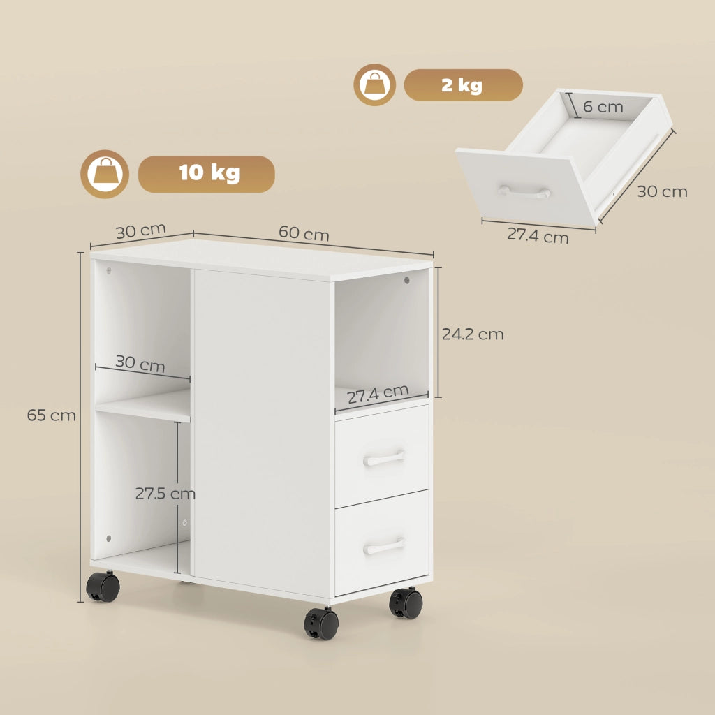 Mobile per Stampante in Legno Bianco 60x30x65 cm, Carrello con 2 Cassetti, Ripiano Regolabile e Ruote, Pratico e Salvaspazio per Casa e Ufficio