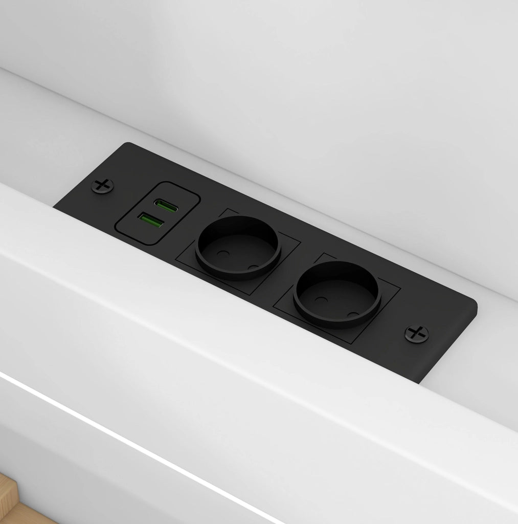 Letto a piattaforma in legno a forma di casa 140x200 cm con illuminazione LED, ripiani e cassetti, bianco