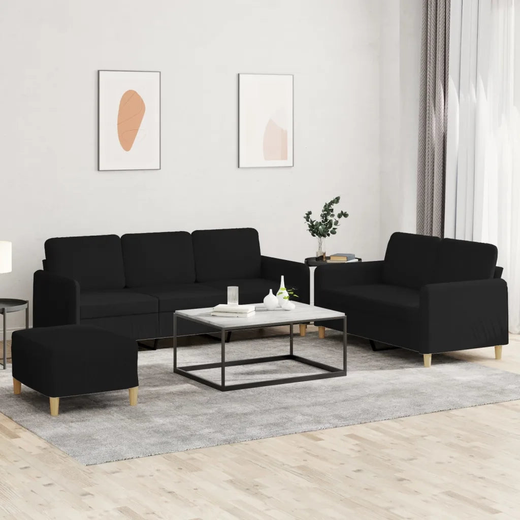 Set di Divani 3 pz con Cuscini Nero in Tessuto