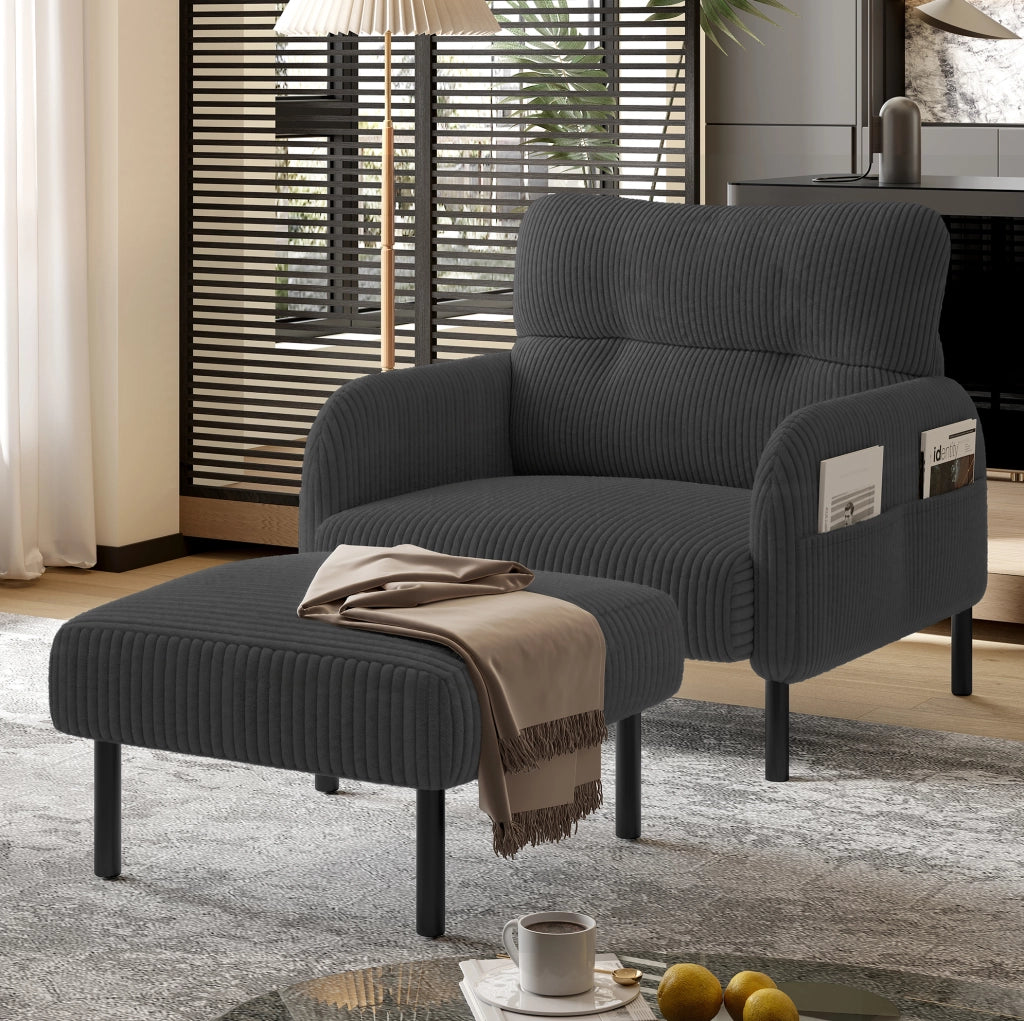 Poltrona singola in tessuto di velluto a coste con ampie tasche laterali e struttura in metallo, 67x75x79 cm, colore verde scuro