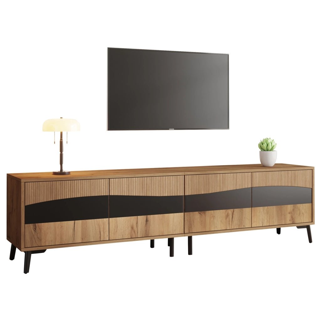 Mobile TV 180x40x50 cm con 4 ante in truciolare naturale e nero