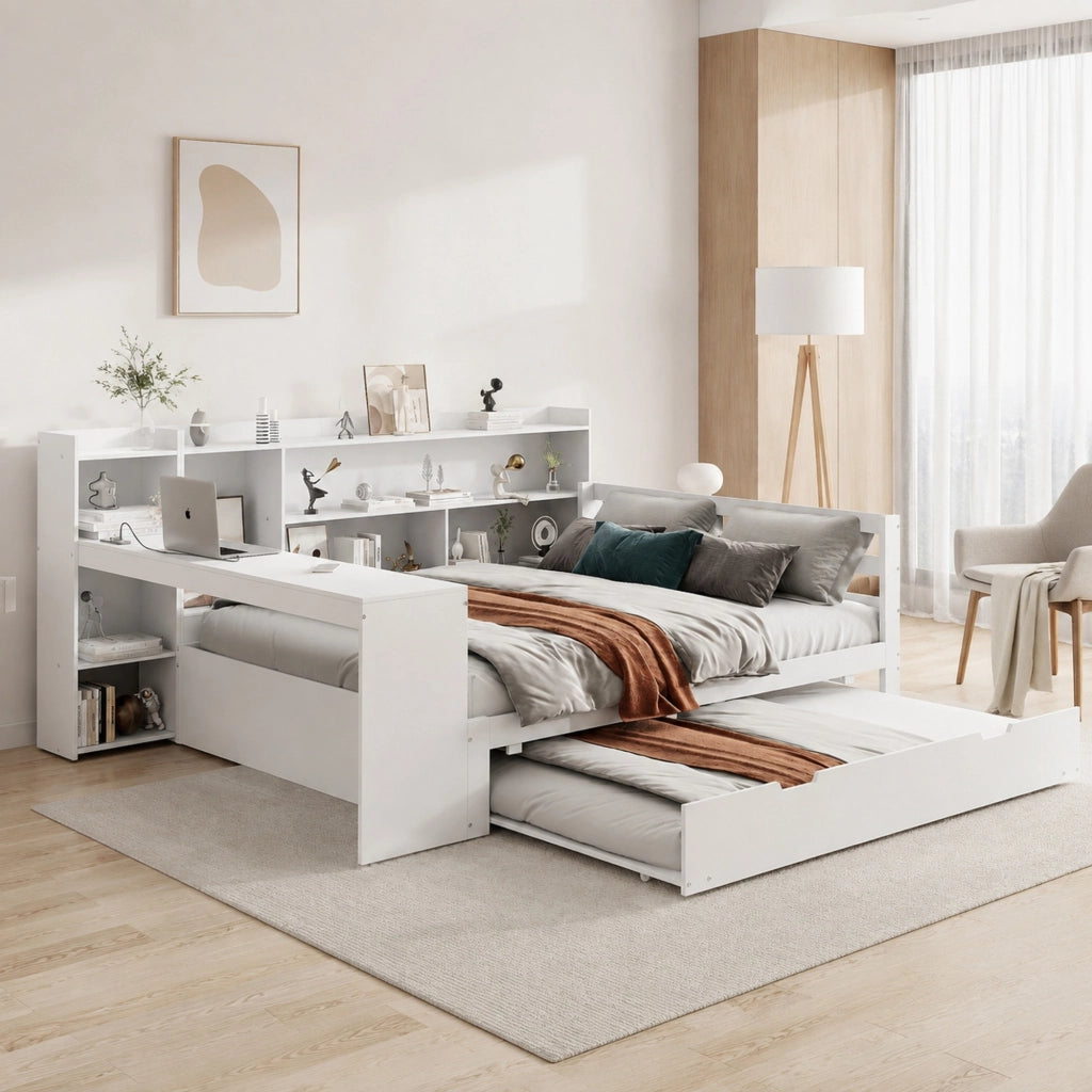 Letto con letto estraibile 140 × 200 cm con scrivania; ripiani; vani e prese USB in legno bianco