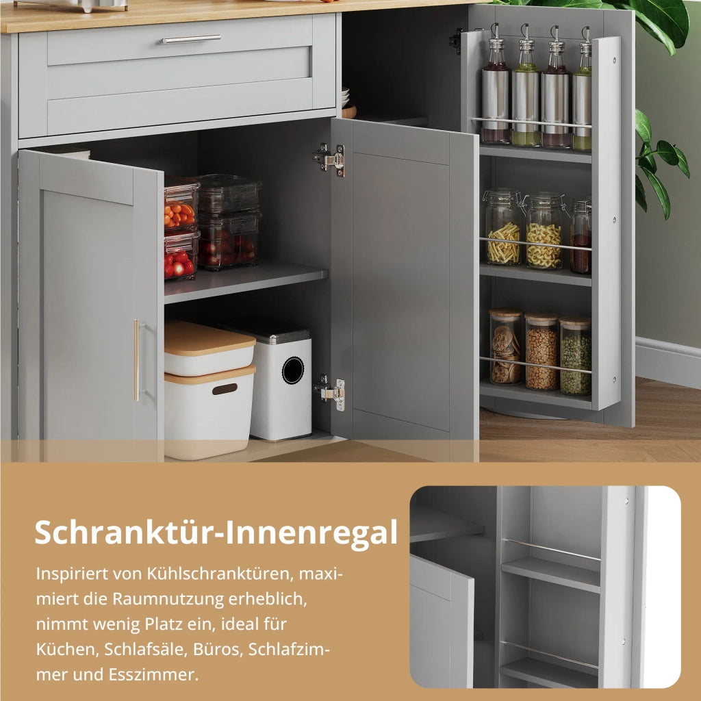 Tavolo da cucina mobile 132,5x44x90 cm, piano ribaltabile effetto rovere, con armadio multifunzione, portaspezie e portasciugamani, 5 ruote
