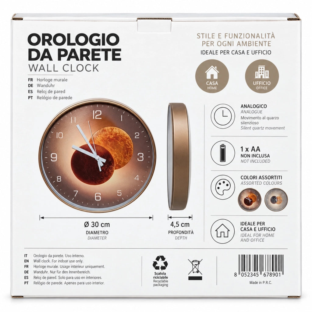 OROLOGIO PARETE TONDO LUNA 30CM MODERNO DESIGN PIANETI VARI COLORI CASA UFFICIO