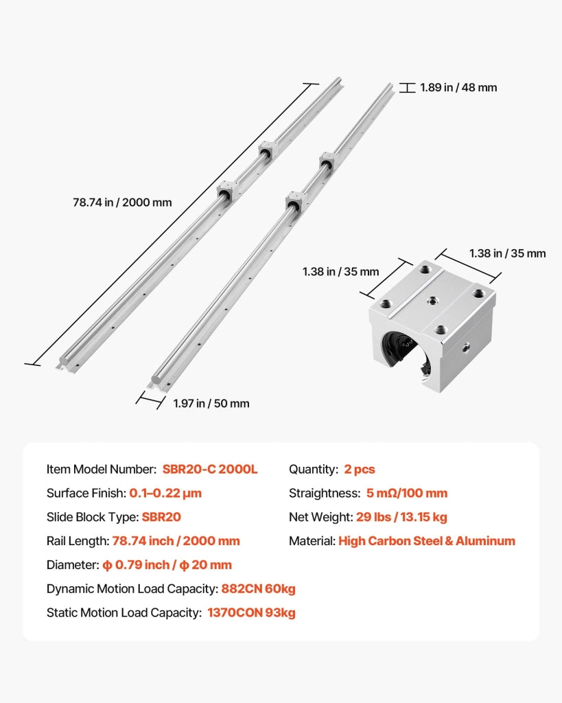 Kit 2 Guide Lineari SBR20 2000 mm con 4 Blocchi Cuscinetto in Acciaio per Macchine da Taglio e Fai da Te