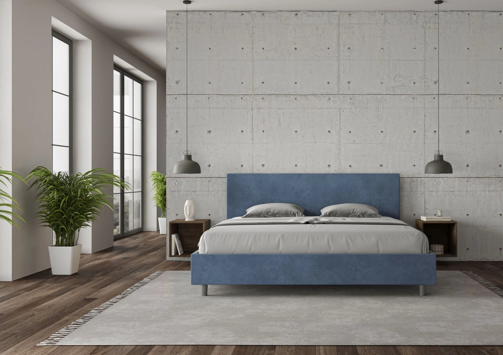 BS COM Letto matrimoniale king size contenitore imbottito 200x210 microfibra blu