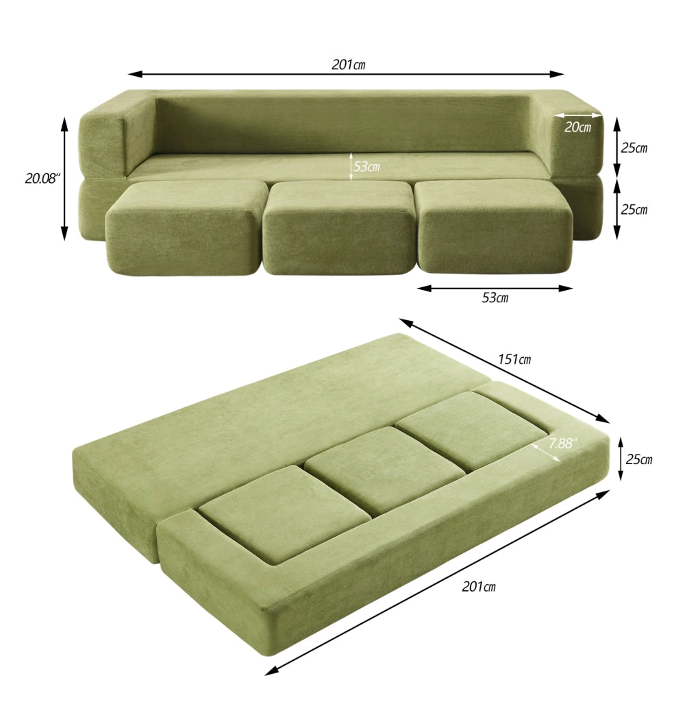 Divano modulare trasformabile in verde con 3 poggiapiedi, materasso in schiuma ad alta elasticità, divano-letto salvaspazio in tessuto ciniglia per monolocali e uffici domestici