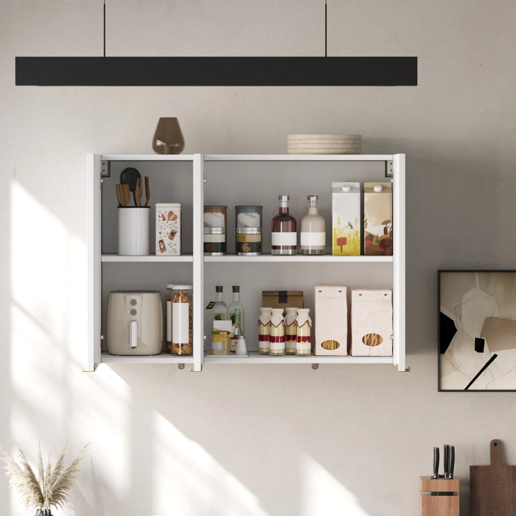 Armadietto pensile chiuso con 3 ante ondulate e maniglie dorate per cucina e bagno in MDF bianco, 90 × 29 × 60 cm