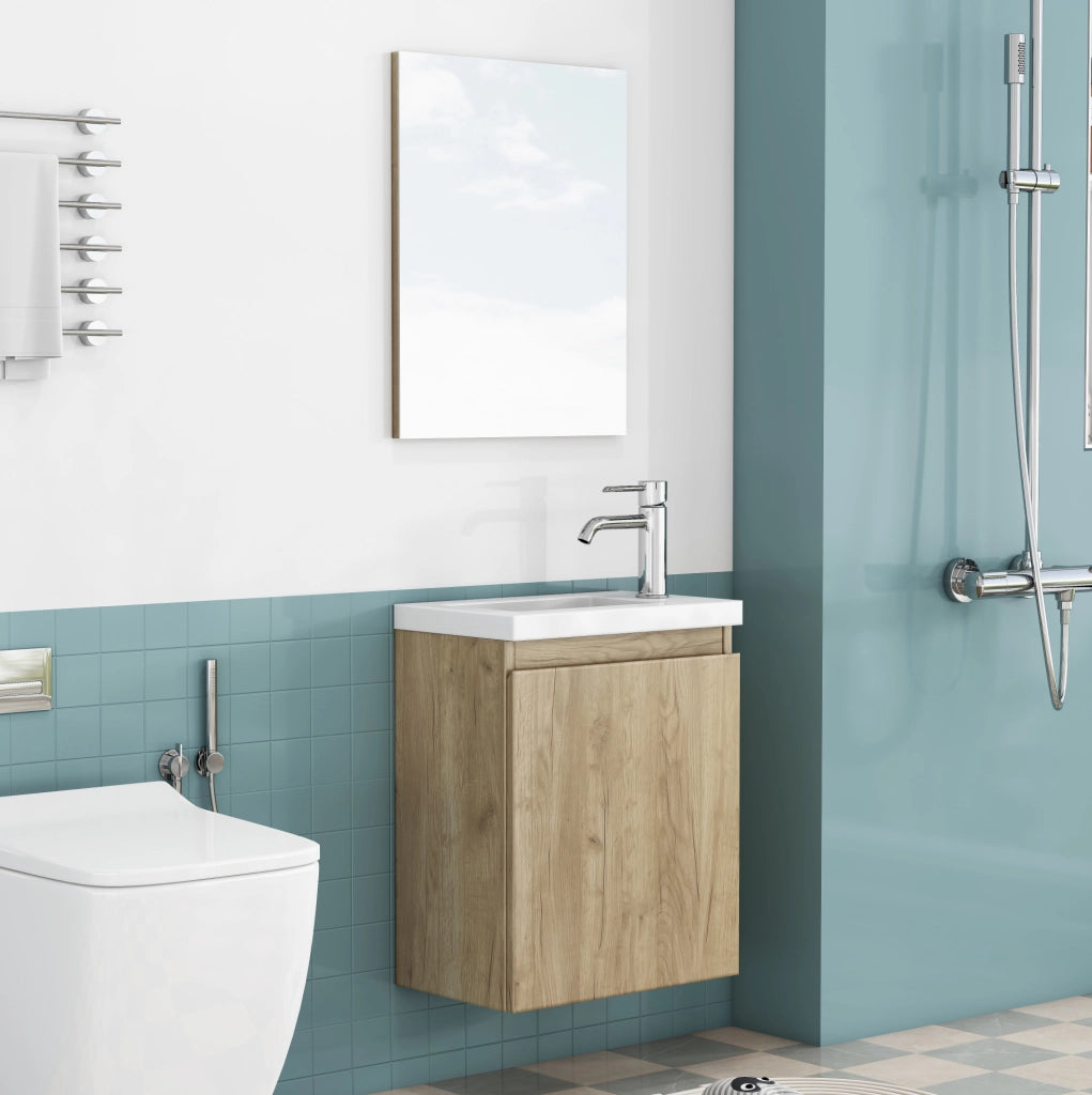 Mobile bagno sospeso 40 cm effetto legno con lavabo in ceramica e specchio, design senza maniglie, cerniere ammortizzate, preassemblato