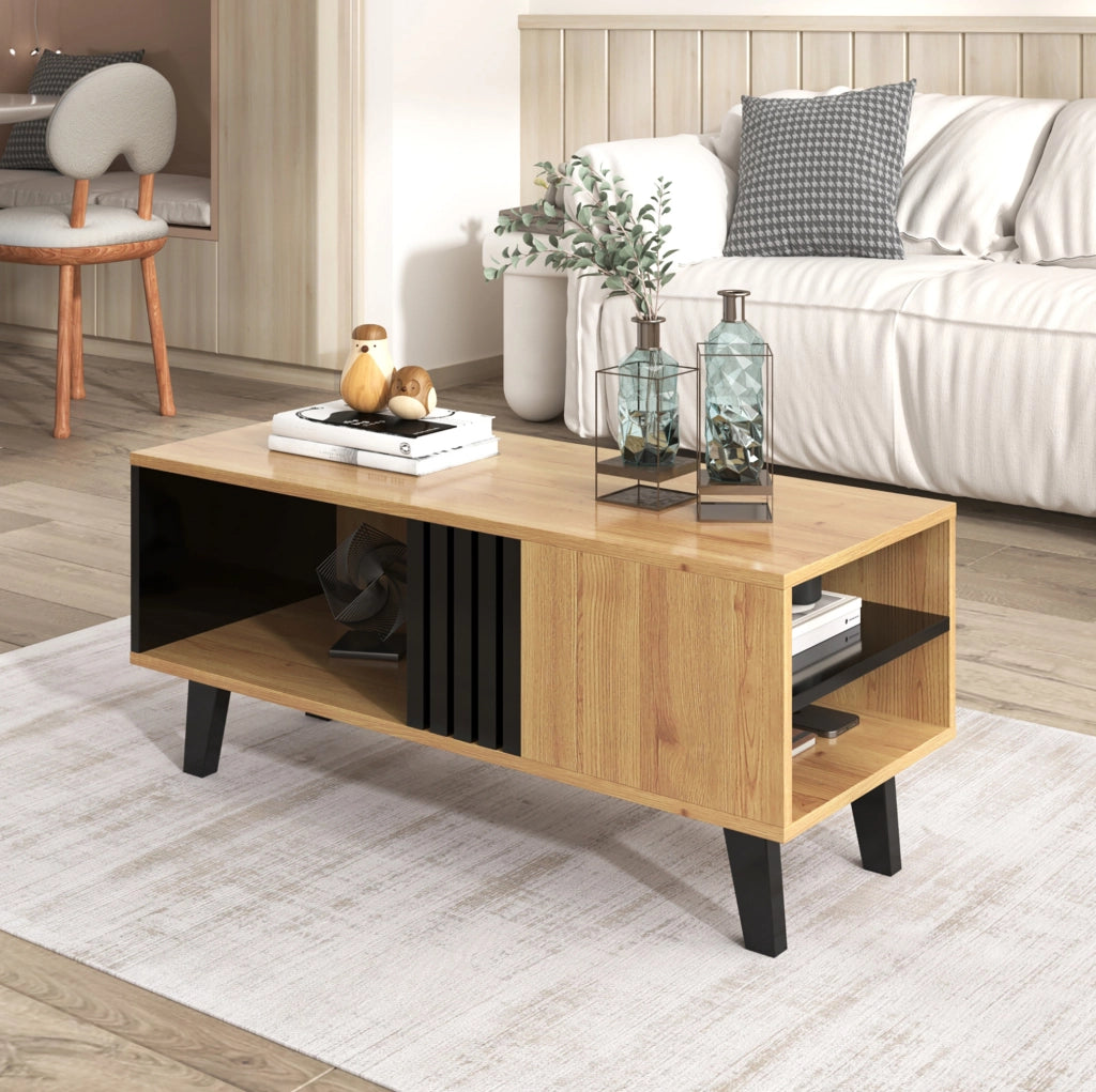 Tavolino da caffè con vano contenitore e 2 scomparti; 100 x 60 x 45 cm; vetro e pannello truciolare naturale