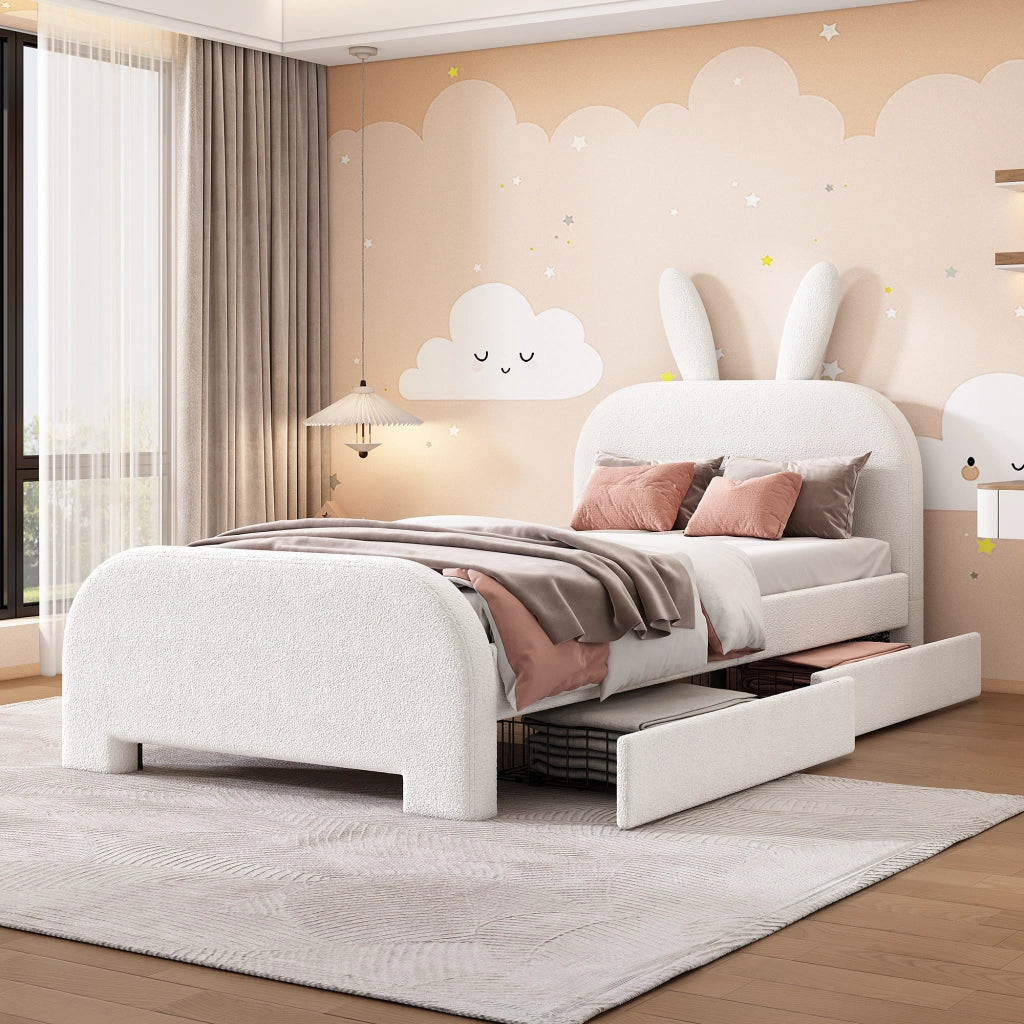 Letto per bambini 90x200 cm a coniglio con 2 cassetti in peluche e MDF bianco