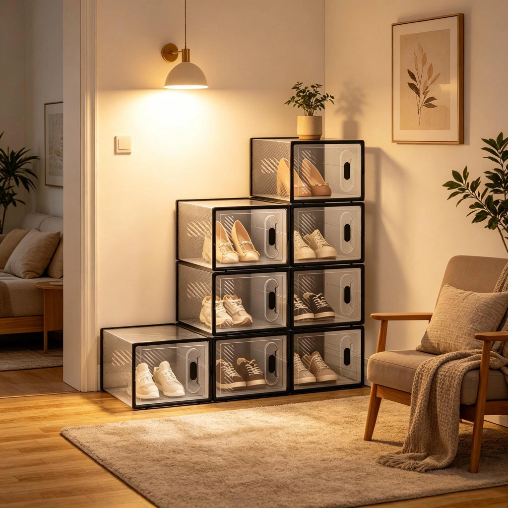 Scatole porta scarpe impilabili modulari in plastica trasparente e nera, set da 8 pezzi