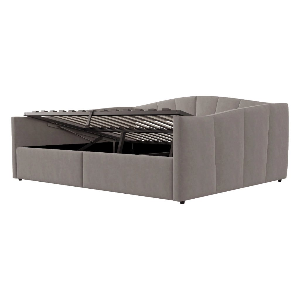 Divano letto matrimoniale 140x200 cm con contenitore; velluto grigio e rete a doghe