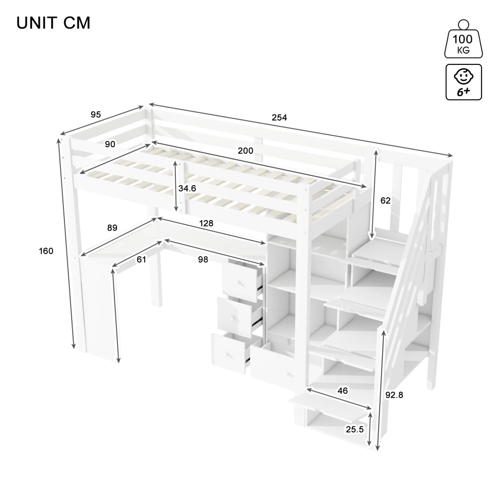 Letto a soppalco per bambini 90x200 cm con scrivania; cassetti e scaffali; bianco