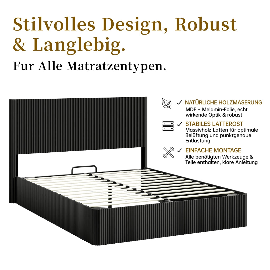Letto con contenitore 160 × 200 cm con sollevamento idraulico struttura in acciaio e doghe in legno nero lucido