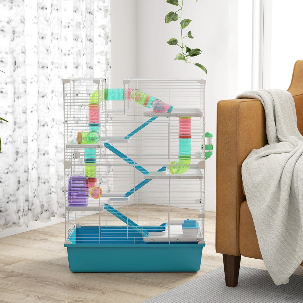 Gabbia per criceti a sei livelli con torri doppie; tubi e accessori in plastica azzurro chiaro 58 × 36 × 81 cm