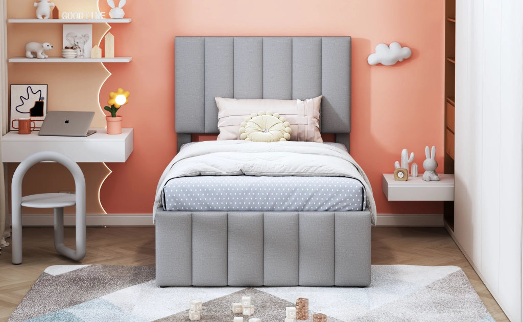 Letto imbottito singolo 90 ¡Á 200 cm con letto estraibile 3 cassetti testiera regolabile cotone e lino grigio