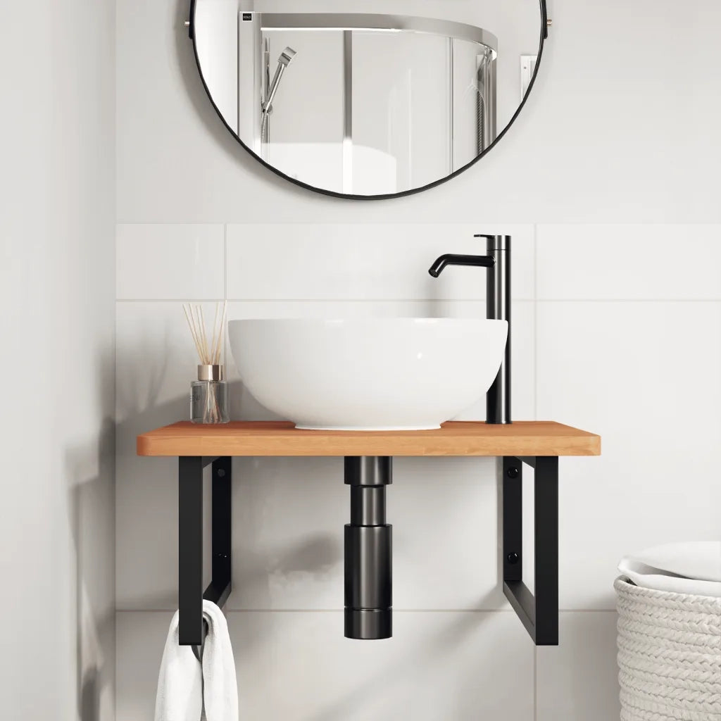 Ripiano a Parete per Lavabo in Acciaio e Massello di Faggio