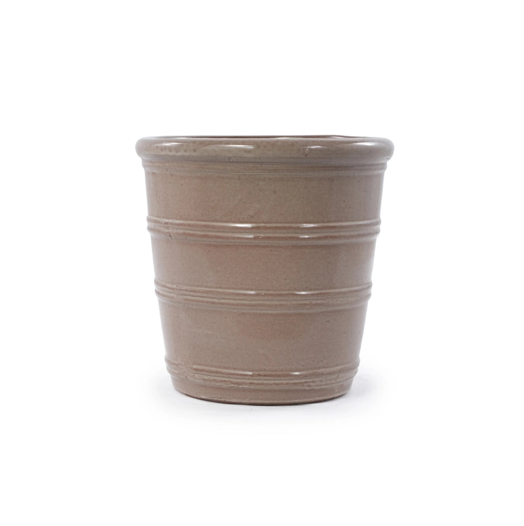 Vaso da Fioriera in Ceramica Fatto a Mano Ø 24 cm, Taupe Brillante con Rilievi Orizzontali, Traspirante e Resistente al Gelo, con Fori di Drenaggio