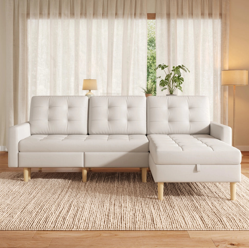 Divano angolare con chaise longue reversibile e contenitori; 212 × 130 × 86 cm; beige