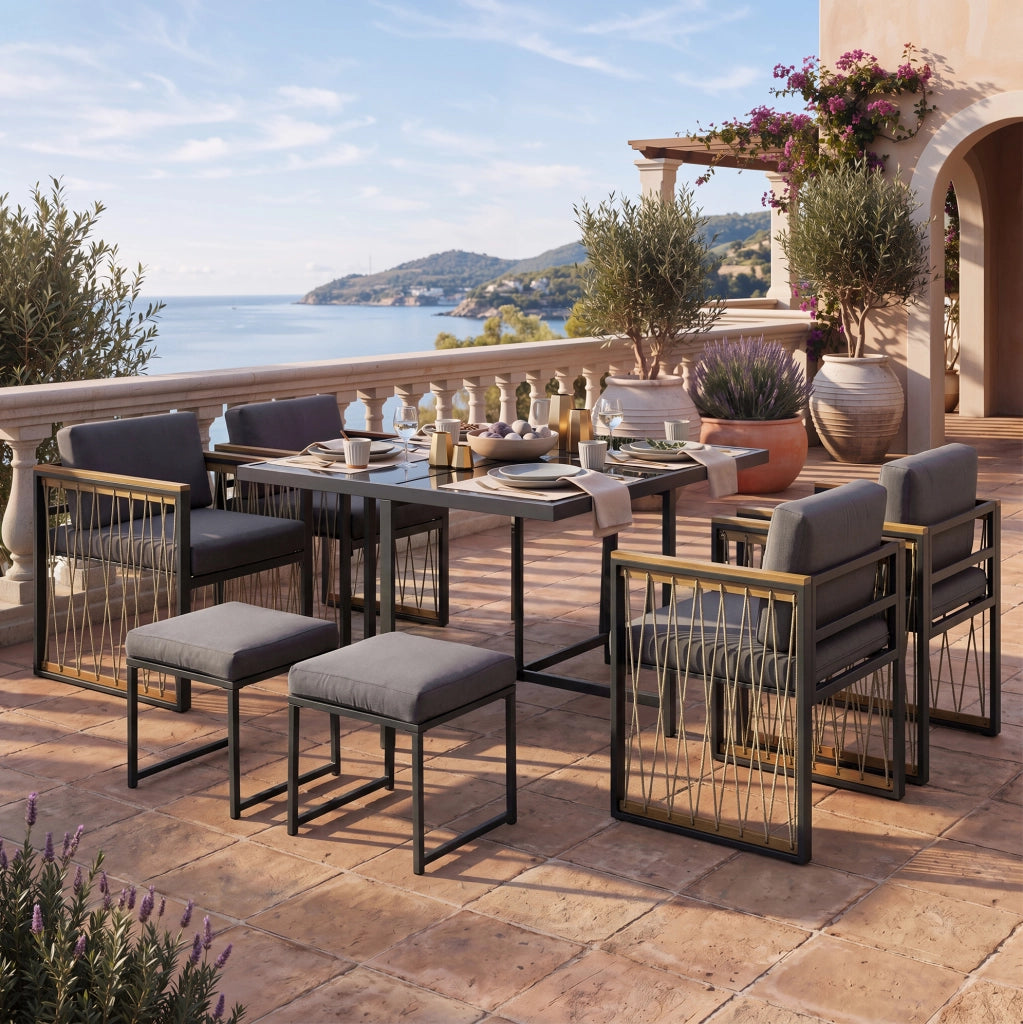 Set da pranzo da giardino 7 pezzi con tavolo quadrato in vetro temperato e sedie con braccioli in materiale composito legno-plastica, per 6 persone