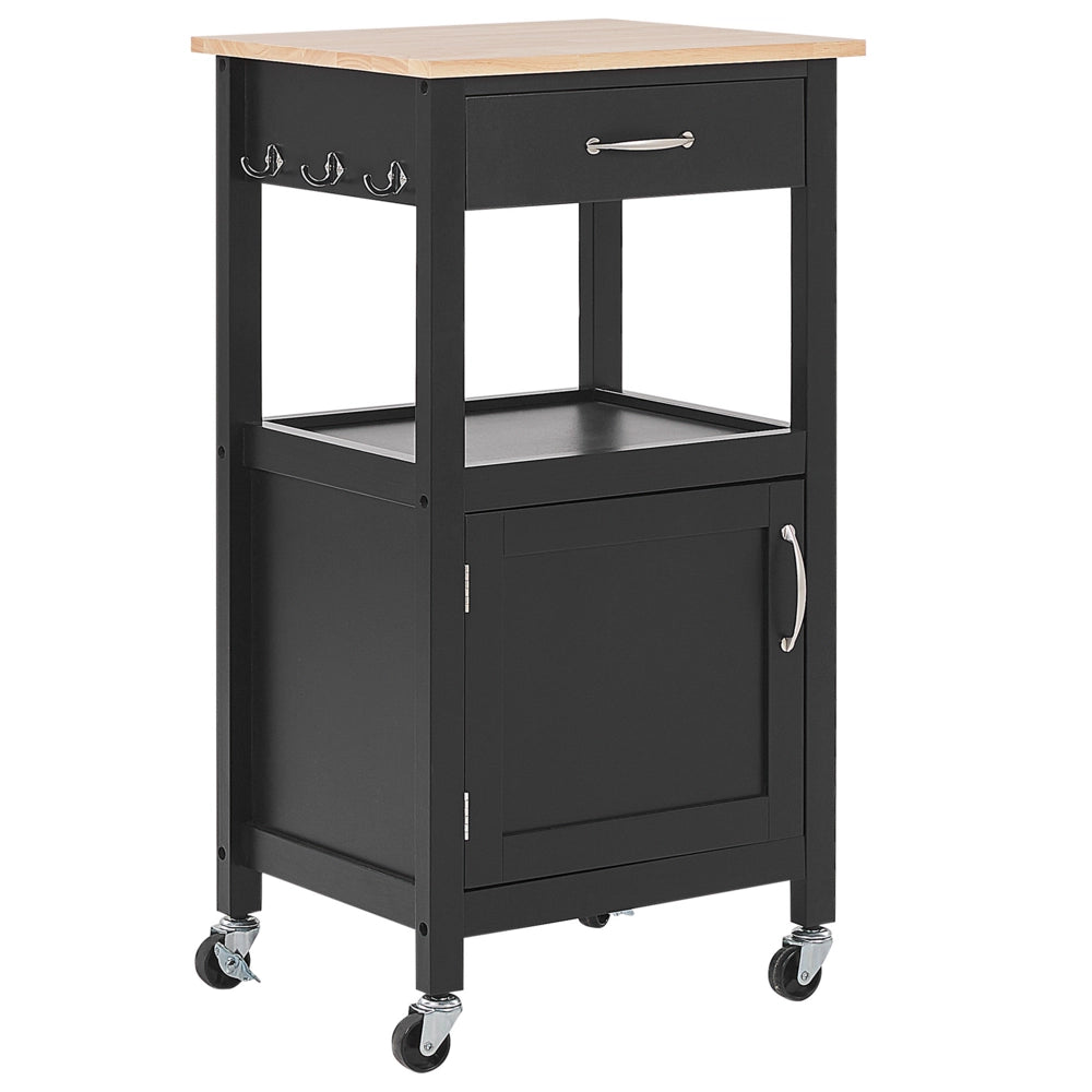 Carrello da cucina Piano in legno Nero e chiaro 60 x 48 x 91 cm Armadio portasciugamani 1 cassetto per posate rotelle