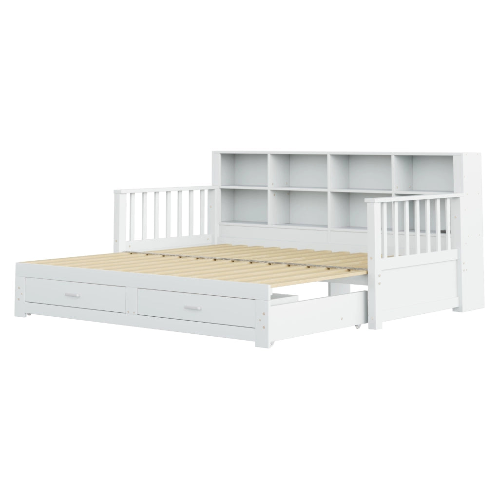Letto estraibile multifunzione in legno bianco con due cassetti rete a doghe presa e ripiani integrati