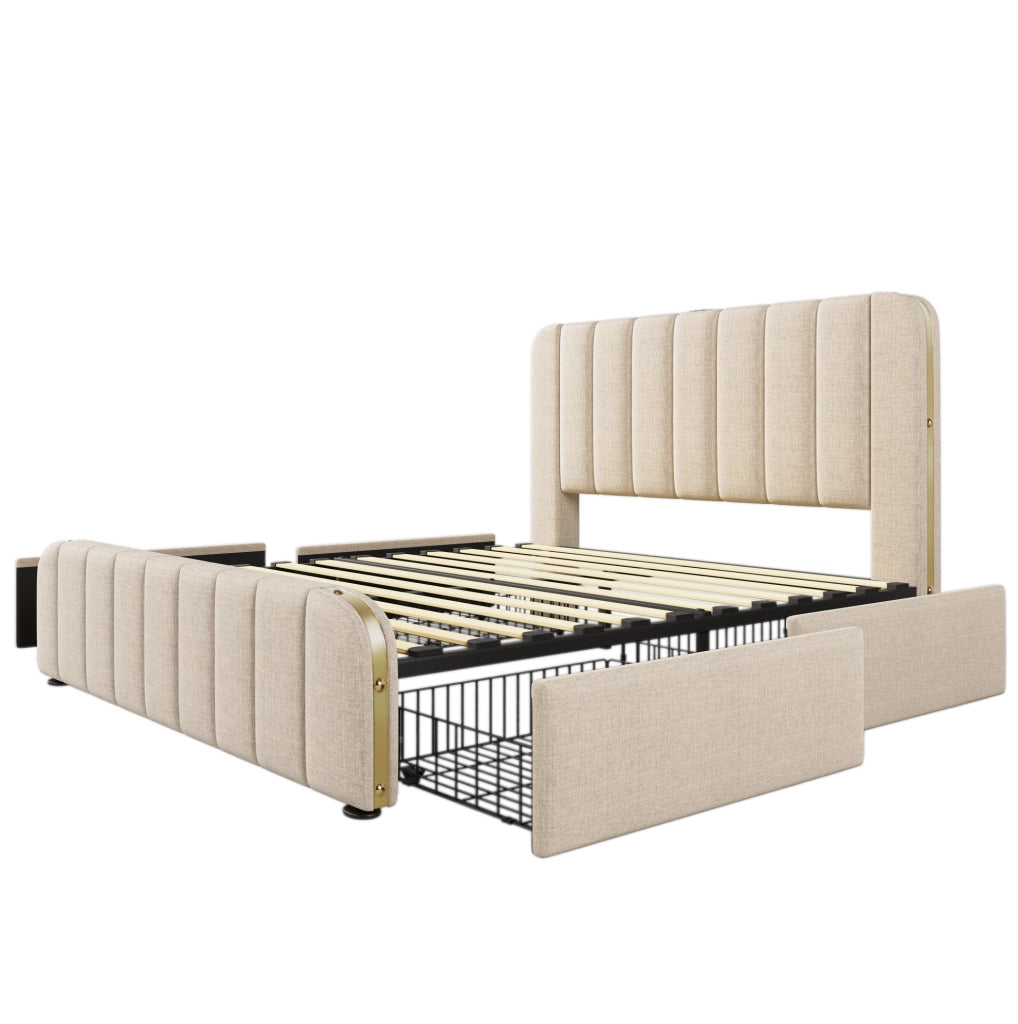 Letto matrimoniale imbottito 160x200 cm in lino beige con 4 cassetti; USB e Type-C