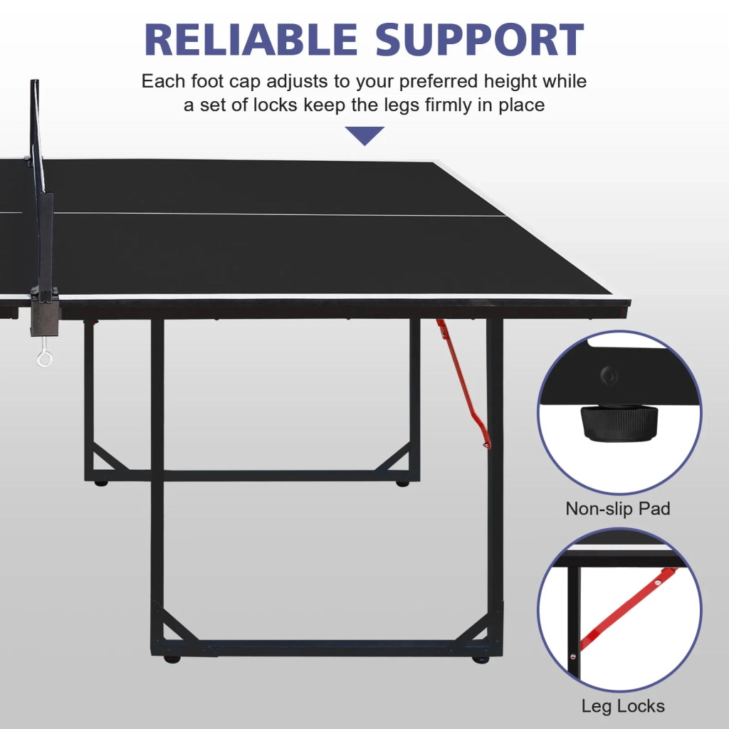 Tavolo da Ping Pong 182 cm, pieghevole e portatile per interni ed esterni. Set con rete, 2 racchette e 3 palline. Piano nero, gambe nere.