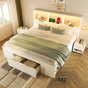 Letto matrimoniale 140x190 cm bianco con LED; USB; cassetto e due comodini mobili