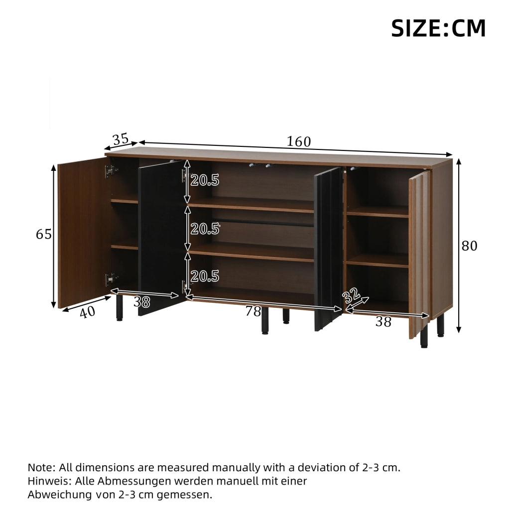 Credenza con 4 ante e ripiani regolabili per cucina e sala da pranzo, in truciolare noce e nero, 160 × 35 × 80 cm