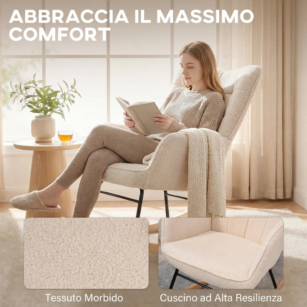 Poltrona a dondolo imbottita in legno e acciaio beige per soggiorno e camera da letto, design moderno ed ergonomico, 71x98x101 cm