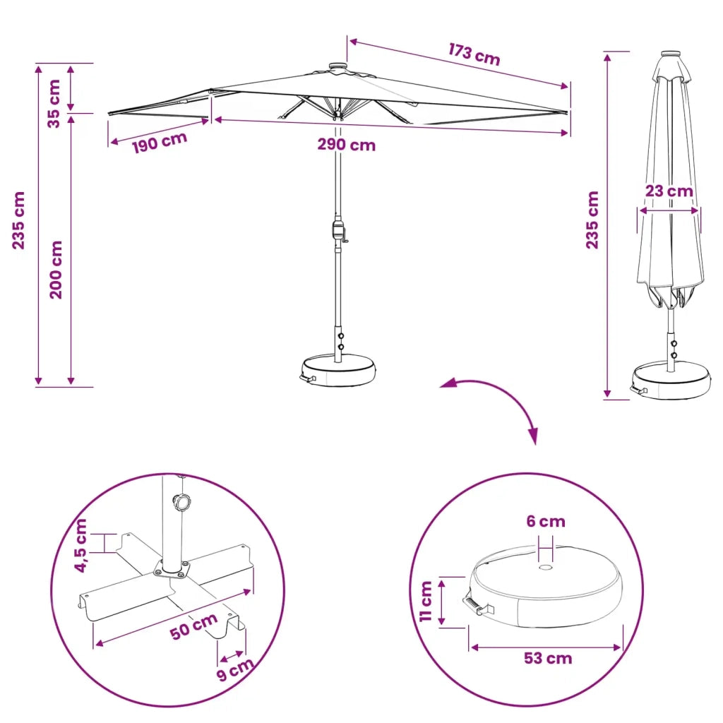 Parasol da giardino con luci LED e base 200 x 300 cm Poliestere 42036244