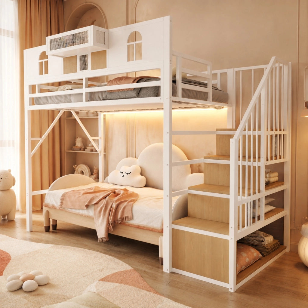 Letto a soppalco ULEVR 90x200 cm in metallo bianco con scala contenitore, ripiano laterale e striscia luminosa