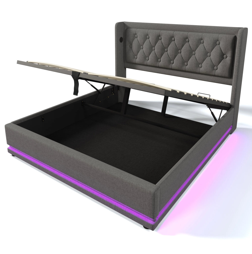 Letto matrimoniale imbottito 160x200 cm con contenitore, LED e ricarica USB-C