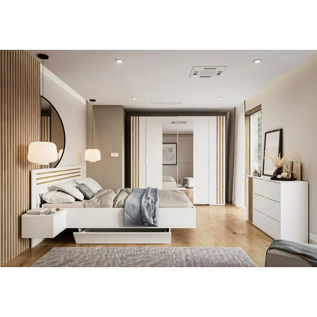Armadio FLORENCE – Bianco e quercia – 2 porte scorrevoli + 2 a battente – L218 cm – 10 ripiani