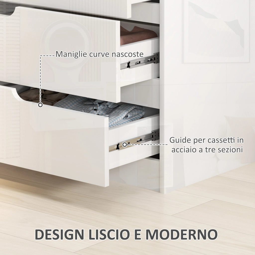 Cassettiera 4 Cassetti Moderna in Legno, Mobiletto Salvaspazio per Camera da Letto e Casa, 60x40x85 cm, Bianco Lucido