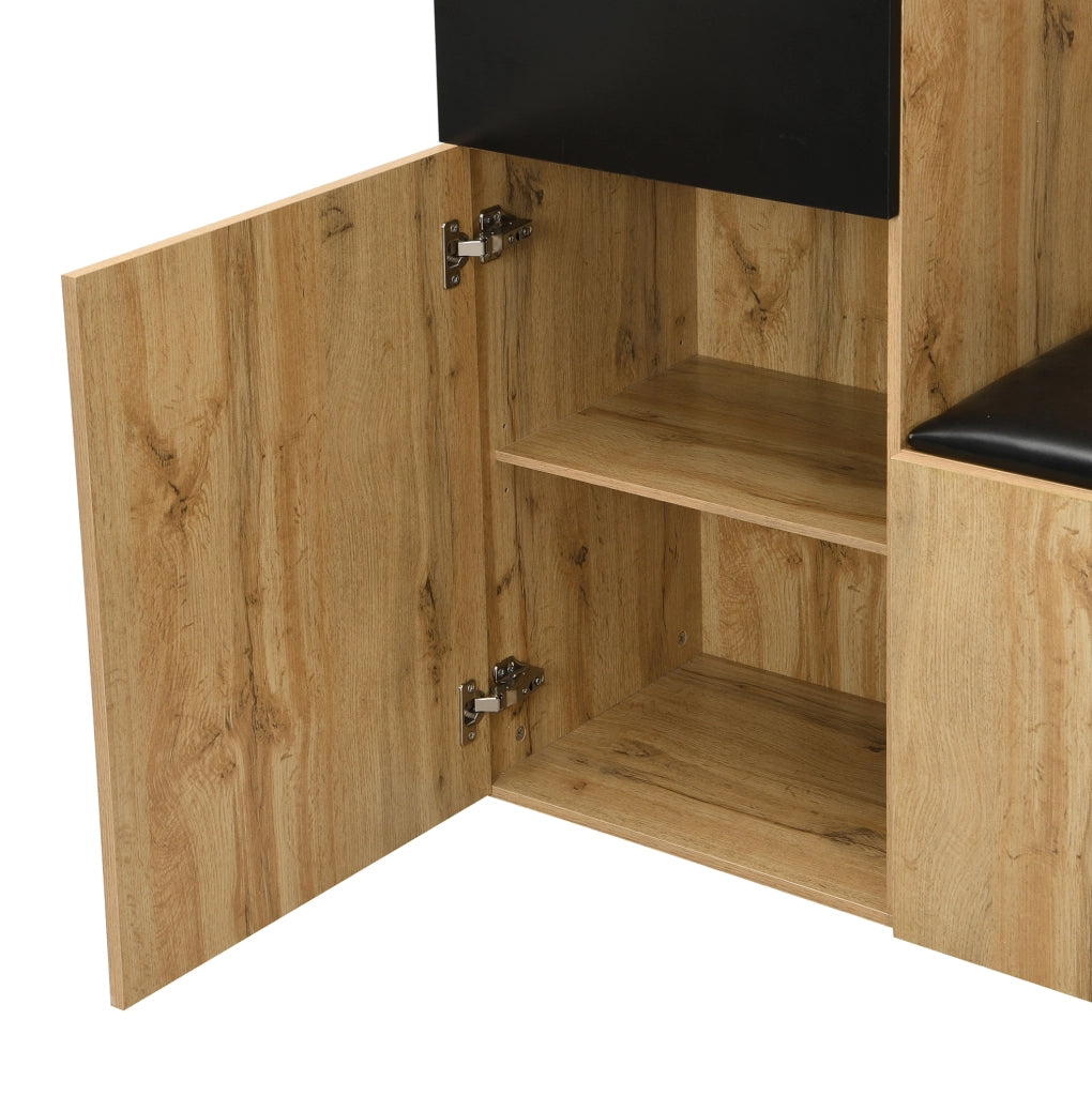 Set ingresso con appendiabiti a 5 ganci, specchio, armadietto porta scarpe e panca, struttura in MDF, 98,5x38x191 cm, colore legno e nero