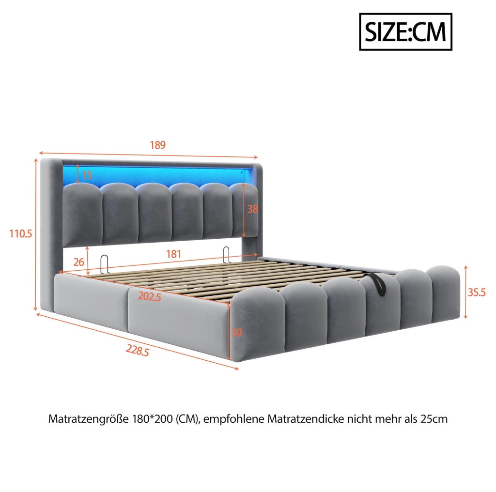 Letto matrimoniale imbottito 180x200 cm in velluto grigio con contenitore; LED e USB/Type-C