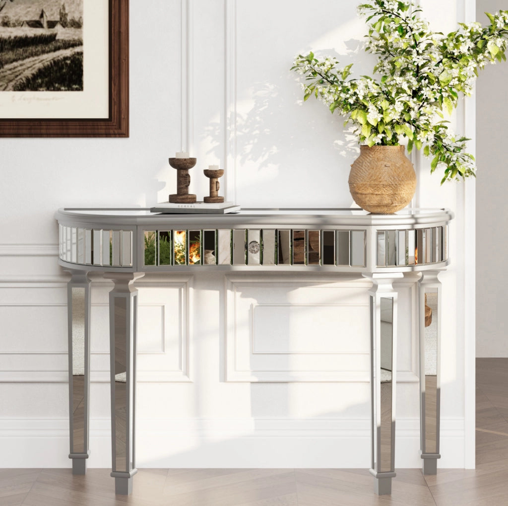 Consolle a mezzaluna con specchio 120x38x78 cm con cassetto; vetro scanalato grigio e argento HOMVRA
