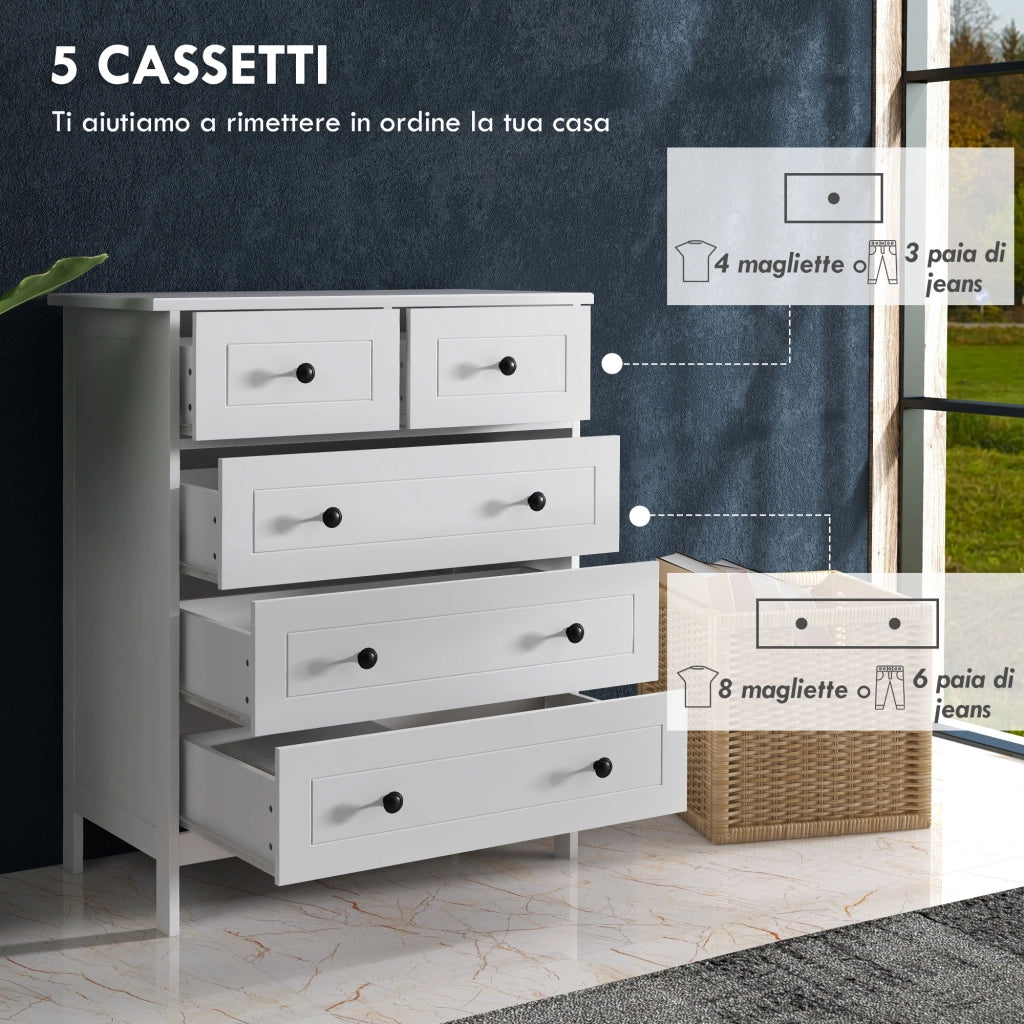 Cassettiera 5 Cassetti ¨C Xylo ¨C Legno Bianco Salvaspazio Antiribaltamento 74x40x91cm