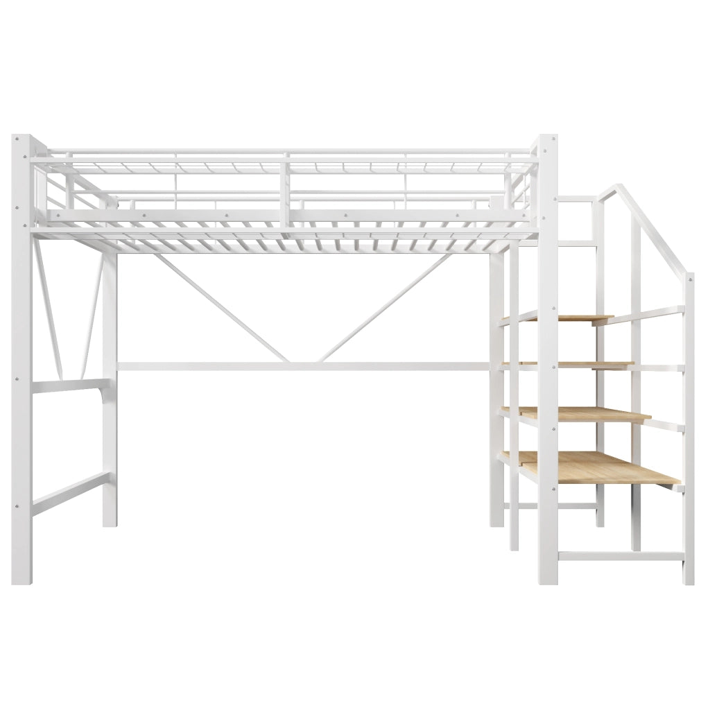 Hochbett 140x200 cm in metallo e MDF, con scala a ripiani, rete a griglia, contenitore e LED, bianco