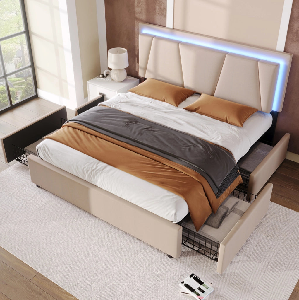 Letto 160x200 cm con LED, 4 cassetti e testiera regolabile in lino beige