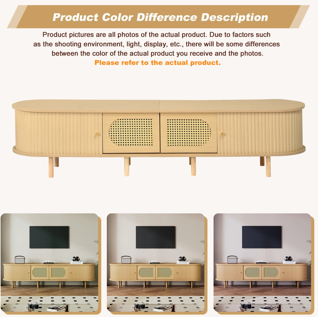 Mobile TV in MDF color legno chiaro 180 x 40 x 40 cm con ante in rattan; per TV fino a 75 pollici