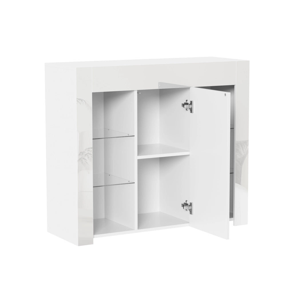 Credenza bianca compatta con frontale lucido e ripiani in vetro per soggiorno o cucina 95 × 35 × 83 cm