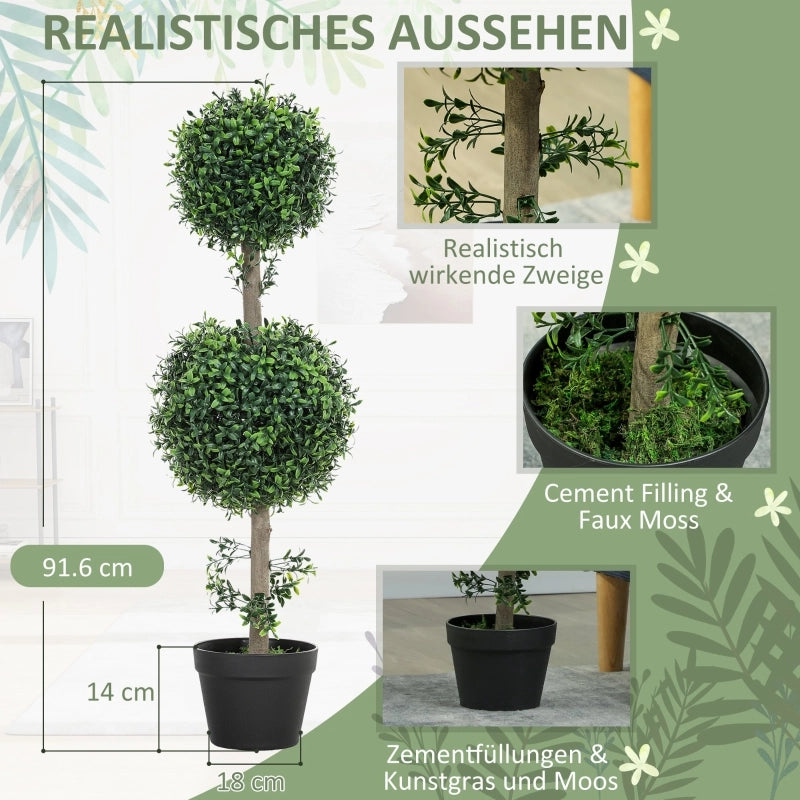 Pianta artificiale di bosso 2 pezzi sferiche con protezione UV in vaso verde per interni ed esterni alta 91.4 cm