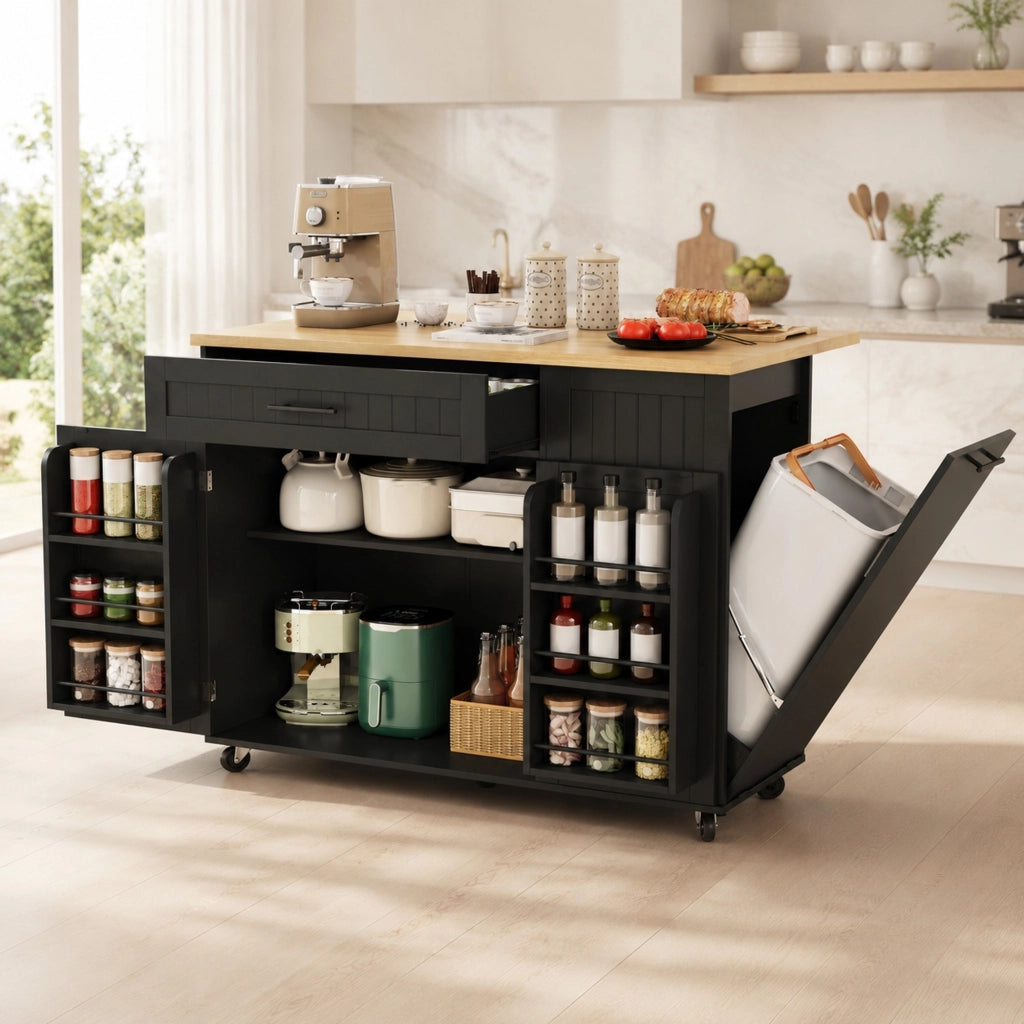 Mobile base da cucina con piano pieghevole; vano pattumiera; cassetto e ruote bloccabili nero 130 × 70 × 93 cm