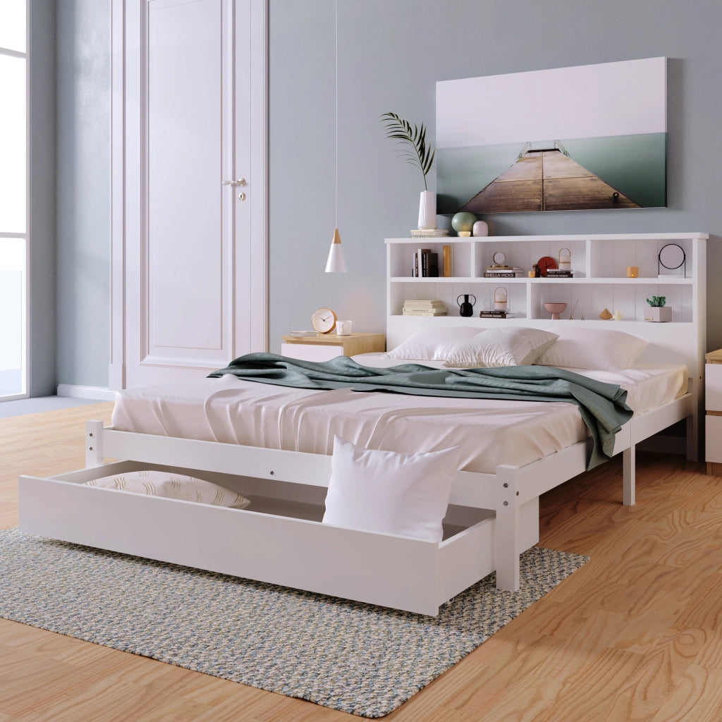 Letto matrimoniale con cassetti 140 ¡Á 200 cm in legno bianco con testiera libreria e rete a doghe