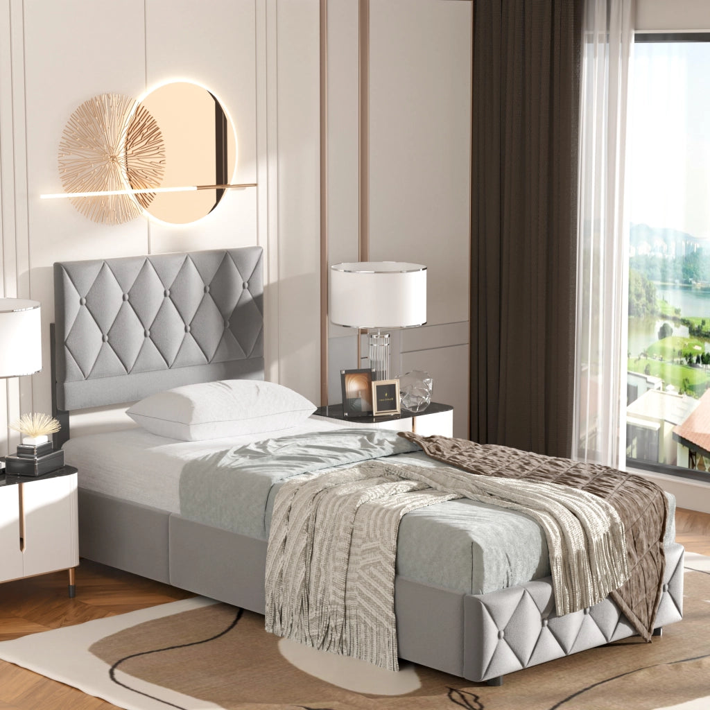 Letto contenitore imbottito grigio in PU 90 × 190 cm