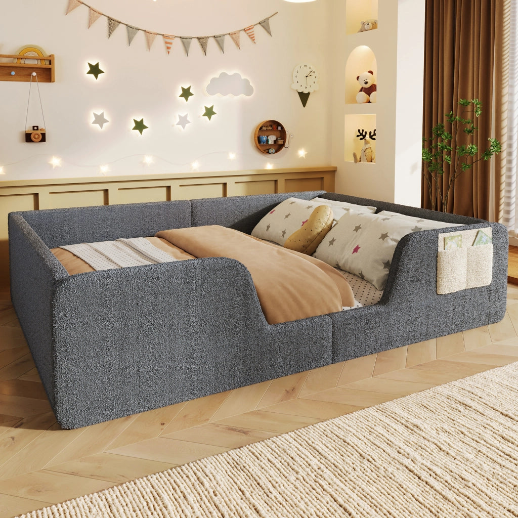 Letto a terra 140 x 190 cm con sponde di sicurezza rimovibili, letto matrimoniale con tasca in tessuto integrata, velluto grigio, rete a doghe inclusa